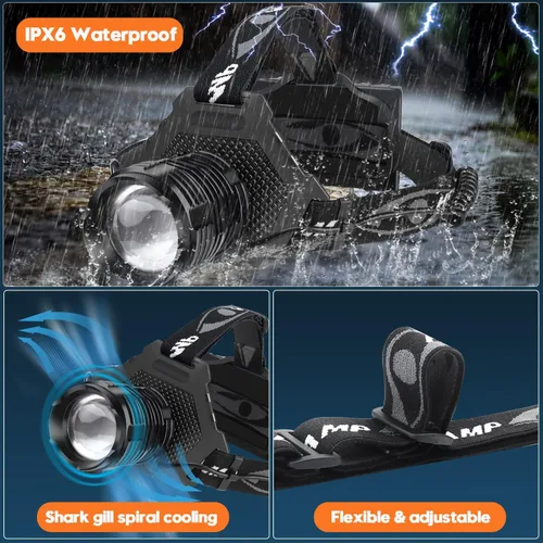 Miniatura 6 de Linterna de cabeza LED recargable Bud K, linterna de cabeza superbrillante mejorada de 30W, 1000 lúmenes altos con 6 modos, zoom, linterna de cabeza