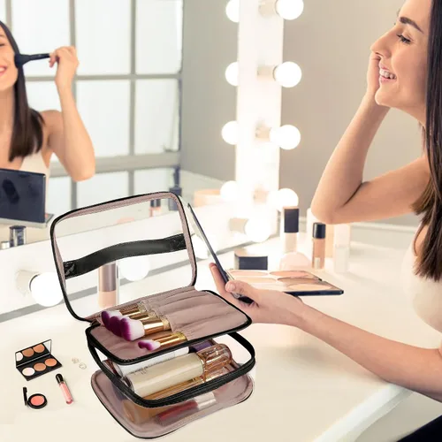 Miniatura 7 de Bolsa de aseo transparente, organizador de artículos de aseo de viaje transparente, gran apertura, bonita bolsa de maquillaje de viaje, artículos