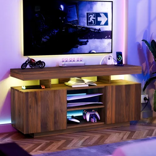 Miniatura 13 de HOMMPA Soporte de TV LED moderno para TV de 65/60/55 pulgadas con tomas de corriente - Centro de entretenimiento con almacenamiento para consola