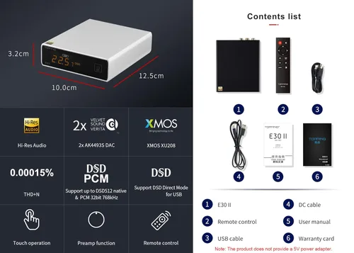 Miniatura 3 de Topping E30 II DAC Preamplificador de audio Decodificador de audio - 2xAK4493S Hi-Res XMOS XU208 DAC 32Bit/768kHz DSD512 DSD Modo directo para Negro