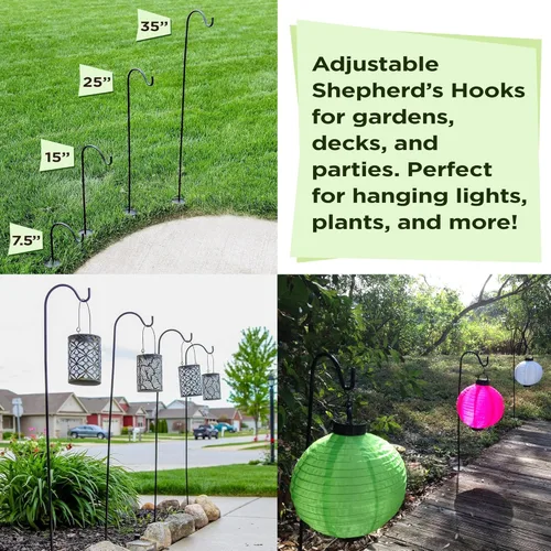 Miniatura 4 de Ganchos de pastor para exteriores, juego de 4 postes de jardín ajustables para comederos de pájaros, linternas solares, campanillas de viento, Negro