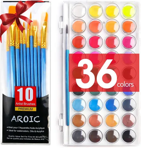 Miniatura 9 de Juego de pintura de acuarela de 36 colores AROIC, juego de acuarela con 10 pinceles de nailon y 6 pinceles de agua recargables. Perfecto para 36