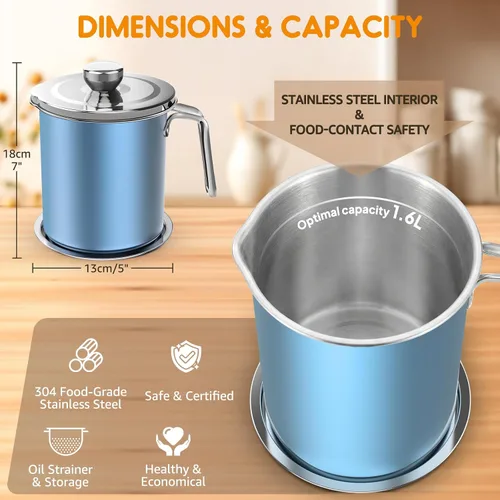 Miniatura 4 de Chihee Ahorro de grasa de tocino de acero inoxidable – Contenedor de aceite de 67.6 onzas líquidas con colador de malla fina y bandeja