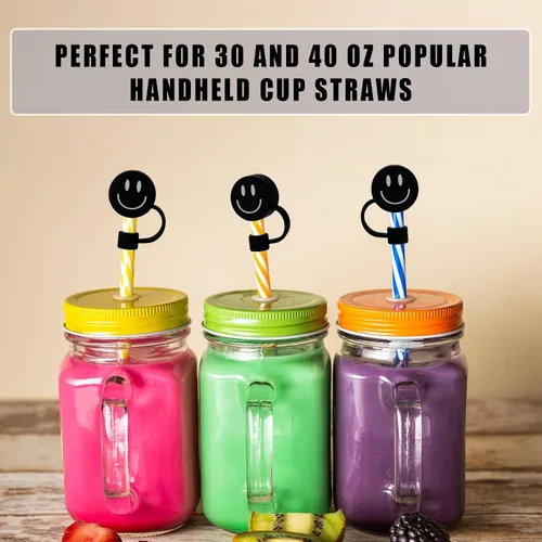 Miniatura 7 de Whaline 6 fundas de paja negras con diseño de sonrisa de 0.4 pulgadas, de silicona, reutilizables, redondos, con patrón de doble cara, para vasos