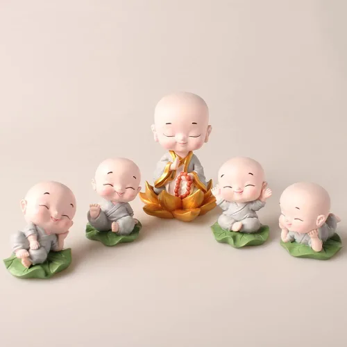 Bonita estatua china de monje pequeño, escultura de resina de monje de hoja de loto para decoración del hogar, oficina, automóvil (gris)