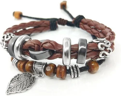 Miniatura 32 de Suyi brazalete ajustable con varias capas, de cuero tejido trenzado con cruz. Pulsera tipo esclava.
