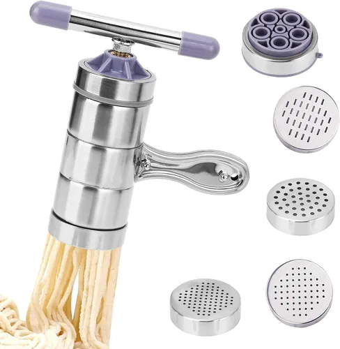 Máquina manual para hacer pasta, fabricante de fideos de acero inoxidable con 5 troqueles, prensa de pasta de manivela y extrusora para pasta fresca