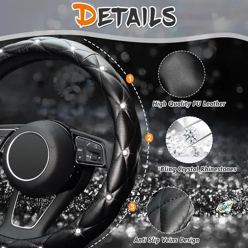 Miniatura 5 de KAFEEK Funda de Volante de Cuero Suave con Diamantes con Cristales Brillantes de Imitación, Universal de 15 Pulgadas Antideslizante, Accesorios Negro
