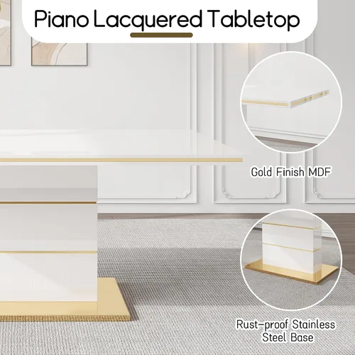 Miniatura 4 de Mesa de comedor moderna negra para 6 personas, mesa de cocina rectangular de 63 pulgadas con acabado lacado dorado y base de pedestal de acero