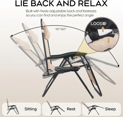 Miniatura 5 de Juego de 2 sillas reclinables ajustables de gravedad cero para exteriores, con bandeja portavasos, almohadas extraíbles, silla reclinable ergonómica