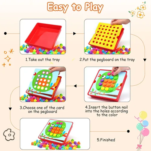 Miniatura 4 de AluAbi Large Button Art Toys for Toddlers, 10'' x 10'' Color Matching Mosaic Pegboard with 12 Pictures and 46 Buttons, Early Educational Toys for 3