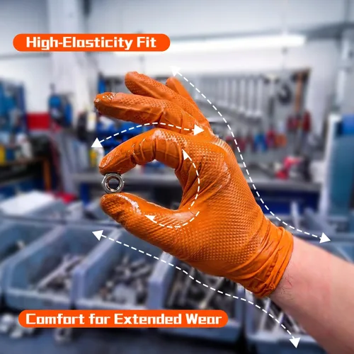 Miniatura 7 de ANBOSON Guantes de nitrilo desechables de 10 mil de goma naranja resistente a los productos químicos, guantes de mecánico resistentes, sin látex