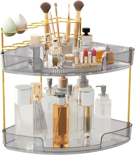 Miniatura 8 de FELIZHOUSE Organizador de maquillaje de 2 niveles para tocador y encimera de baño, estante de almacenamiento de acrílico con bandeja de perfume