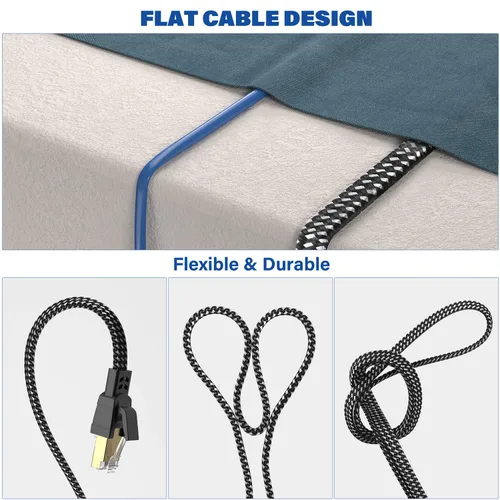 Miniatura 5 de Orbram Cable Ethernet Cat 8 de 150 pies, cable para conexión de red LAN, 26AWG de nailon trenzado de alta velocidad, cable plano aislado de 40 Gbps