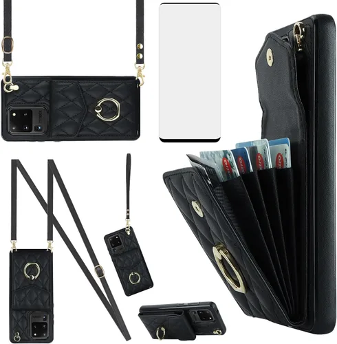 Asuwish Funda de teléfono para Samsung Galaxy S20 Ultra 5G, funda tipo cartera con protector de pantalla de vidrio templado y anillo cruzado con