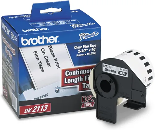 Brother DK2113 - Cinta de película transparente negra de longitud continua original para impresoras de etiquetas Brother QL, 2.4 pulgadas x 50 pies