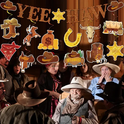 Miniatura 6 de Decoraciones de fiesta de cumpleaños del salvaje oeste, 29 piezas de decoraciones de fiesta de vaquero occidental de Yee Haw, remolinos colgantes