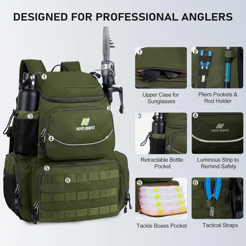 Miniatura 5 de N NEVO RHINO Mochila de aparejos de pesca con soportes para caña, bolsa de pesca grande de 40 L con cubierta impermeable para lluvia, bolsa