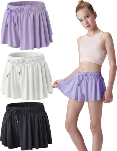 Paquete de 3 pantalones cortos fluidos para niñas con forro de elastano, 2 en 1, faldas de mariposa para jóvenes, para fitness, correr, deportes
