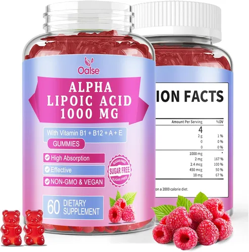 Gomitas de ácido alfa lipoico de 1000 mg con vitamina B1, B12, A, E, suplemento de ALA masticable sin azúcar de alta absorción para apoyo