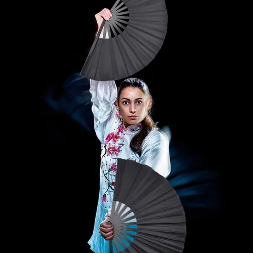 Miniatura 4 de Quacc Ventilador de mano plegable grande de 13 pulgadas, tela de nailon vintage, retro, gran abanico para baile de línea, festival chino de Kung Fu