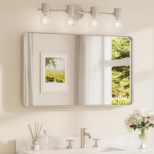 Miniatura 22 de TETOTE Espejo de marco dorado cepillado de 16 x 24 pulgadas, espejo de tocador de baño de latón dorado para pared, espejo enmarcado rectangular