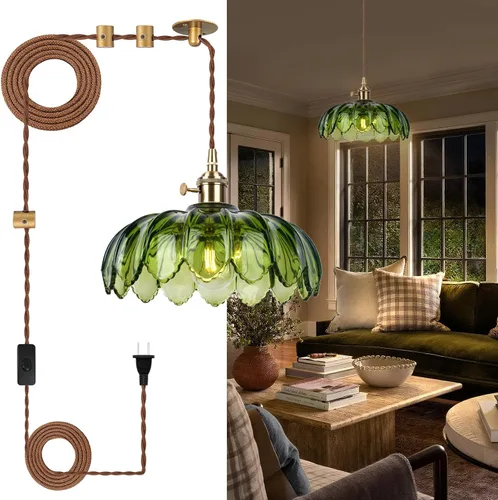 Lámpara colgante de cristal de flor verde vintage, lámpara de techo colgante para isla de cocina, dormitorio, comedor, sala de estar, iluminación