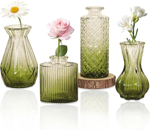 Miniatura 16 de Juego de 4 jarrones de cristal para brotes, pequeños jarrones de flores transparentes vintage como centros de mesa para mesa a granel, lindos mini