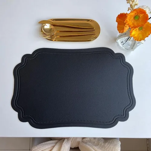 Miniatura 9 de Juego de 6 manteles individuales de cuero lavables, manteles individuales de cuero sintético negro grueso resistentes al calor con forma elíptica