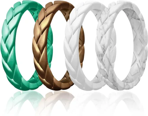 Miniatura 82 de Egnaro Anillos de boda de silicona para ella, conjuntos de novia de goma para mujer, bandas finas, diseño trenzado de hojas apilables con ranuras