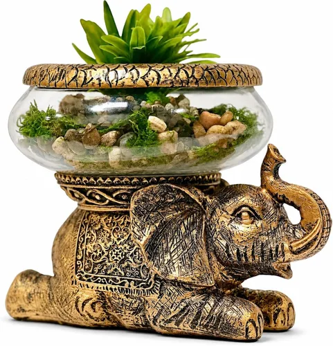 Tazón de cristal de elefante de buena suerte, figura decorativa envejecida dorada con cuenco de vidrio extraíble, terrario, portavelas o acuario de
