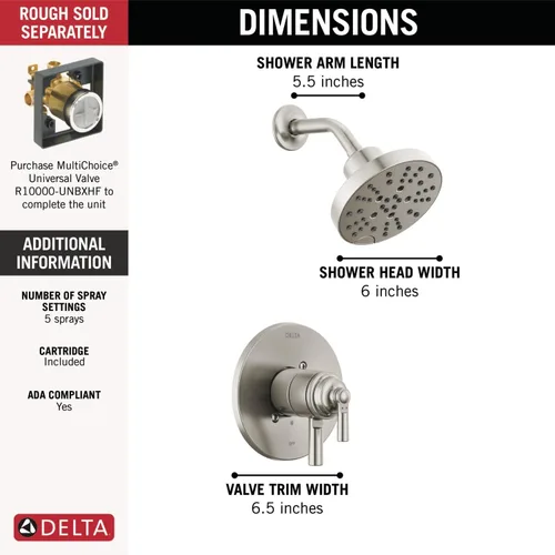 Miniatura 3 de Delta Faucet Saylor Serie 17 Kit de moldura de válvula de ducha de níquel cepillado con cabezal de ducha H2Okinetic, sistema de ducha Delta, juego