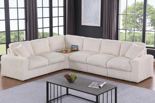 Miniatura 34 de Ball & Cast Sofá modular en forma de L de 127 pulgadas con otomana móvil y 6 cojines, sofá tapizado de felpilla de 7 asientos con 2 portavasos