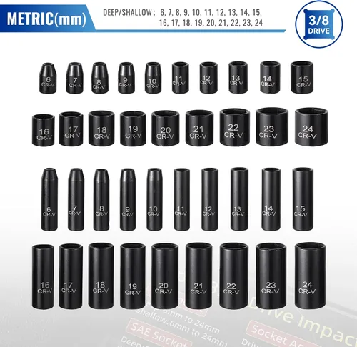 Miniatura 2 de Reniteco Juego de 64 piezas de llaves de 3/8 pulgadas, SAE (5/16"-1") y métricas (0.236 in-0.945 in), profundas y superficiales, llave de trinquete