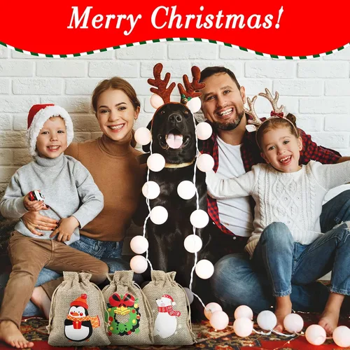 Miniatura 4 de Shappy 60 bolsas pequeñas de regalo de arpillera de Navidad para compañeros de trabajo, 8 estilos, mini bolsas de regalo de Navidad con cordón