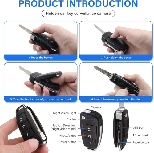 Miniatura 6 de Cámara oculta para llave de coche, cámara de seguridad portátil HD 1080P con visión nocturna, detección de movimiento, trabajo en bucle