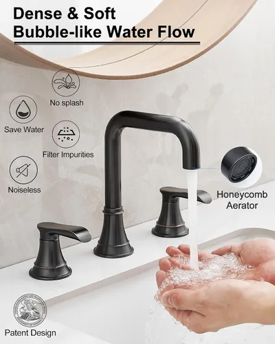 Miniatura 2 de Grifo de baño de bronce aceitado de 8 pulgadas, 3 agujeros, giratorios de 360 grados con drenaje emergente, 2 asas para instalación moderna