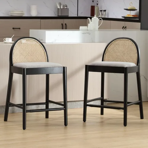 Miniatura 13 de DUOMAY Juego de 2 taburetes de mostrador modernos de ratán beige, 26 pulgadas de altura - Taburetes de bar de madera tapizados en lino con respaldo