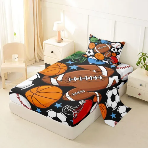 Miniatura 6 de Feelyou Football Bed Sheets Set Twin Size Basketball Sports Deep Pocket Fitted Sheet Soccer Ball Game Bedding Sets Black Baseball Gaming Soft Bed