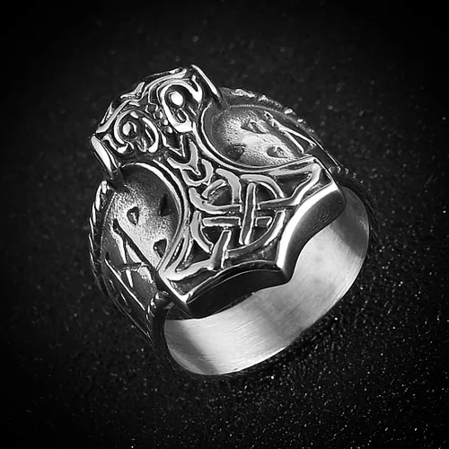Miniatura 4 de HZMAN Anillo vikingo de acero inoxidable para hombre, símbolo de Odin, vikingos, martillo de Thor, joyería gótica de guerrero (tamaño, 7-14), Acero