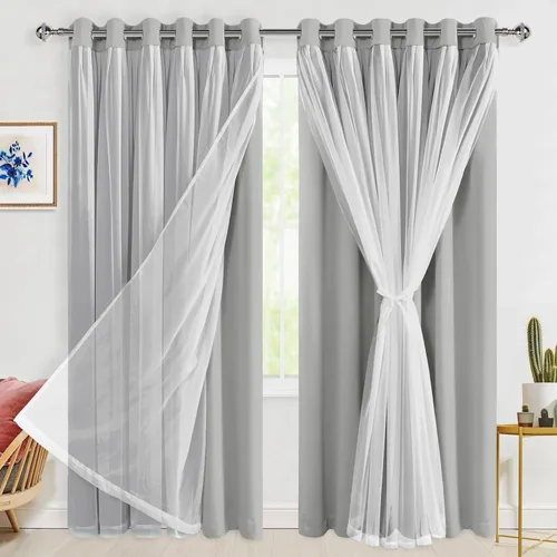 Miniatura 58 de Hiasan Cortinas opacas con superposición transparente, aislamiento térmico para mezclar y combinar de doble capa, cortinas de oscurecimiento de Beige