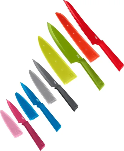 Kuhn Rikon COLORI+ Juego de cuchillos mixtos con revestimiento antiadherente y fundas de seguridad, juego de 5, fucsia, azul, gris grafito, verde y