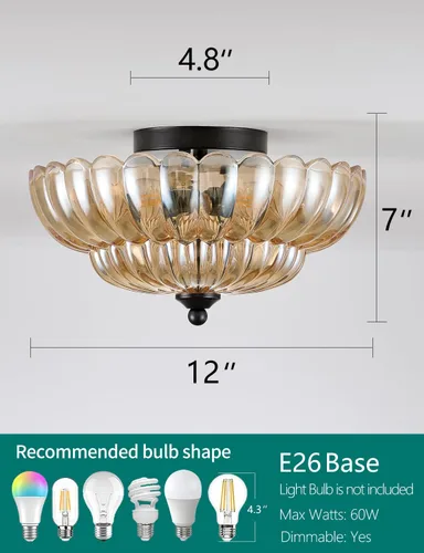 Miniatura 4 de Lámpara de techo semiempotrada, accesorio de lámpara de techo de vidrio ámbar, lámpara moderna negra de 3 bombillas cerca del techo, luces de techo