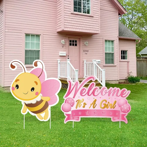 Miniatura 8 de 2 piezas de señal de jardín para baby shower con estaca, señal de revelación de género rosa, elefante, decoración de césped, bienvenida, es una