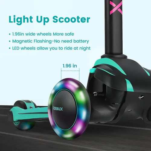 Miniatura 3 de TONBUX Patinete para niños de 3 a 12 años, patinete para niños pequeños con 4 alturas ajustables, patinete de 3 ruedas con luces, diseño de Verde