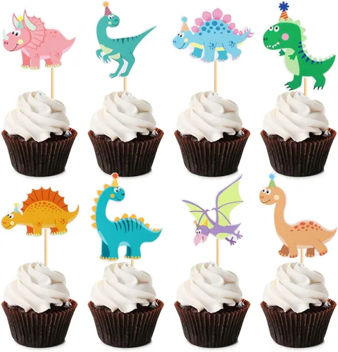 Ercadio Paquete de 32 adornos para cupcakes de dinosaurios de dibujos animados, lindos dinosaurios para bebé, temática de dinosaurio, baby shower,