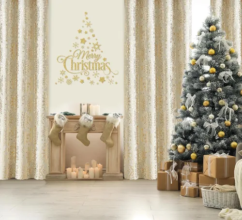 Miniatura 9 de Treatmentex Cortinas Opacas de Oro Marfil con Estampado de Copos de Nieve, Paneles de Cortina para Sala de Estar de 63 Pulgadas con Medallón Floral