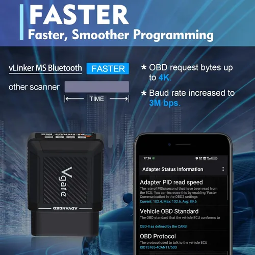 Miniatura 2 de Vgate vLinker MS Bluetooth OBD2 - Herramienta de escaneo de automóvil para iPhone/iOS, Android y Windows, admite múltiples protocolos CAN