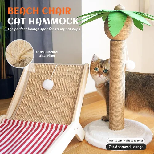 Miniatura 2 de PETKARAY Silla de playa para gatos, camas elevadas para gatos de interior, tumbona acogedora original con rascador de sisal y pelota de juguete Rojo