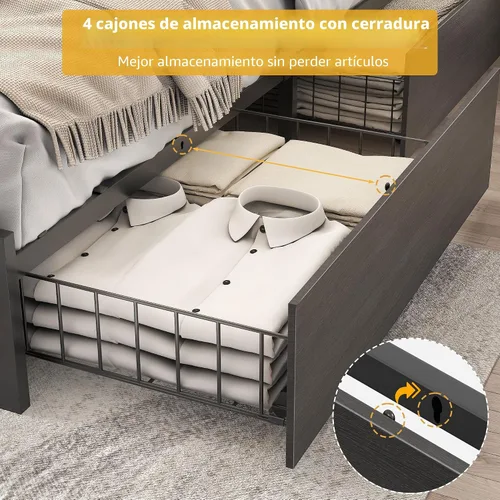 Miniatura 6 de Lifezone Base de cama Queen con cabecera de almacenamiento de 2 niveles, base de cama de plataforma de metal con 4 cajones de almacenamiento, gris